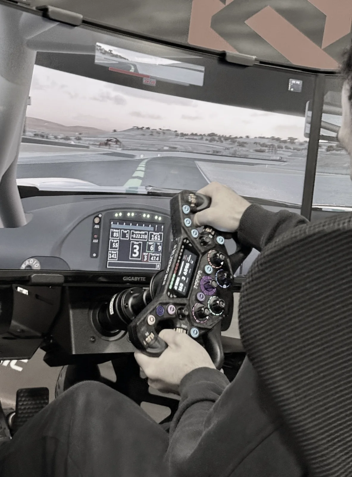 Driver cockpit view — GT wheel and dashboard