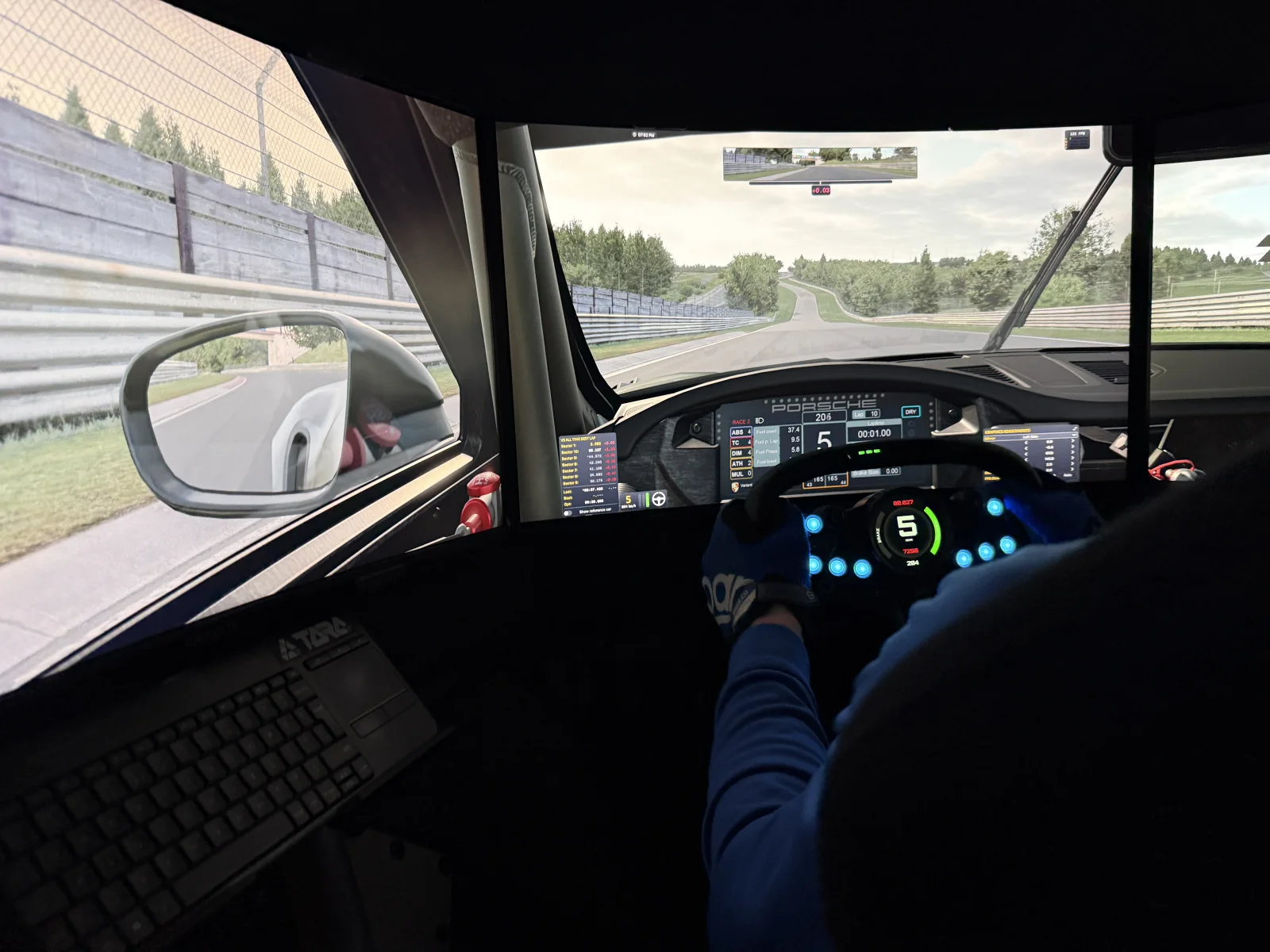 In-car GT driving view with MOZA wheel on track