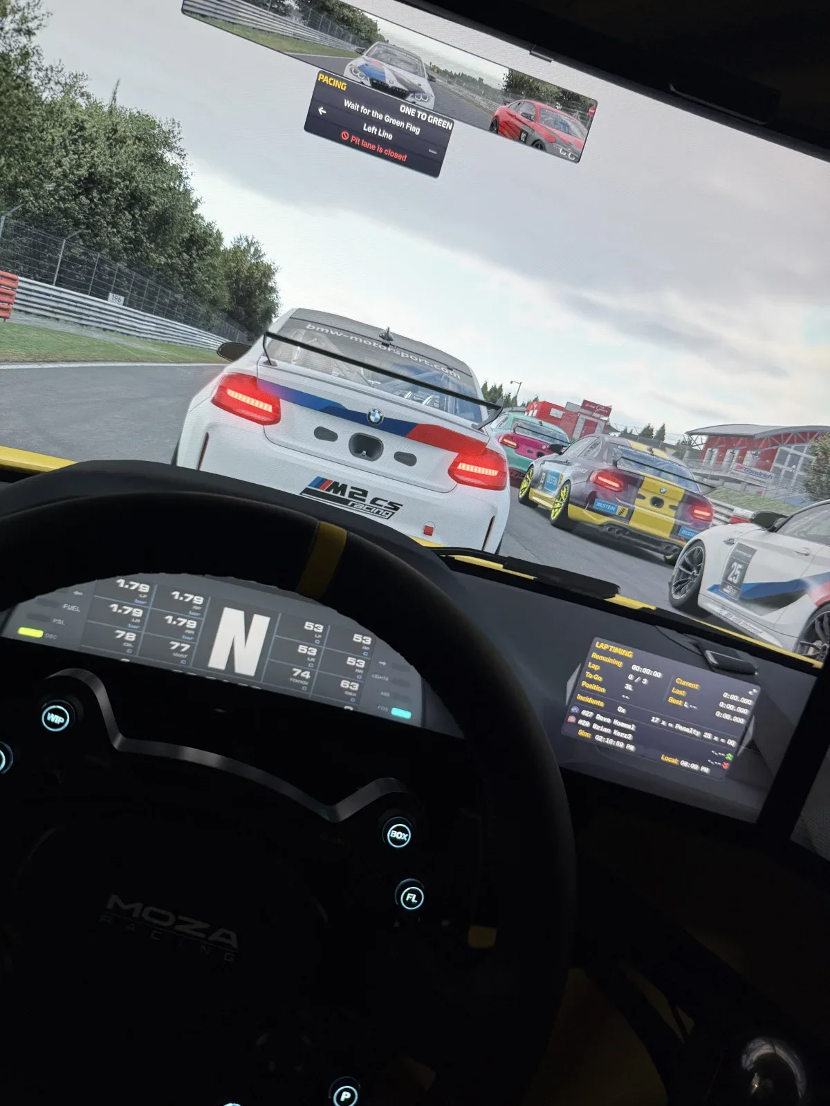 In-car race-start view with MOZA wheel
