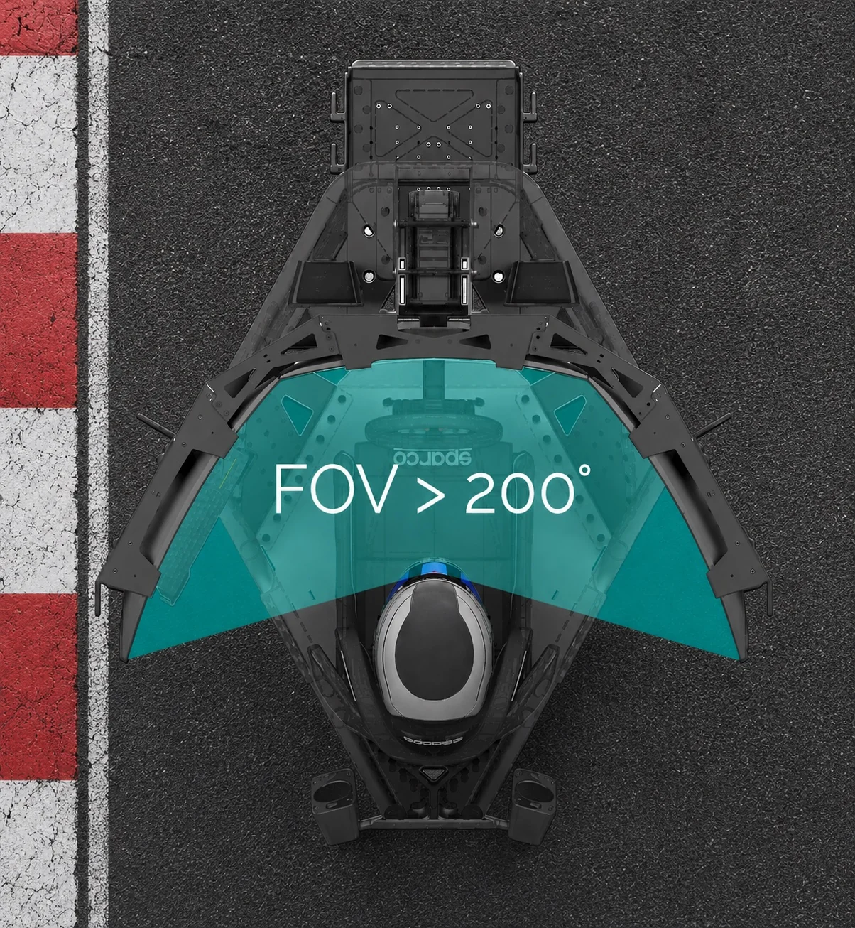 Top-down view of the TORQ EVO 2 cockpit with a turquoise field-of-view cone wider than 200 degrees