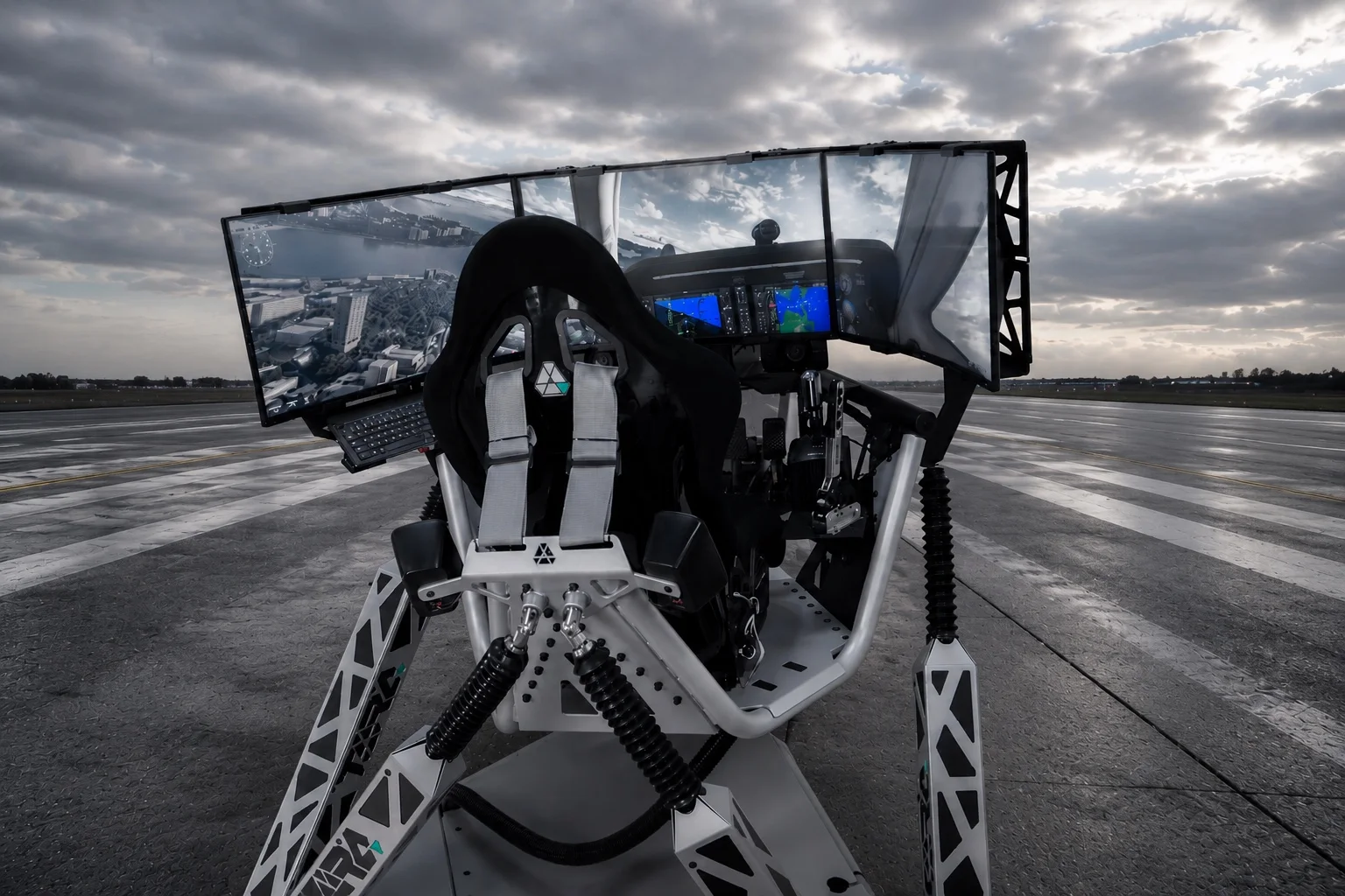 TORQ EVO 2 6DOF flight simulator motion platform standing on an airport runway